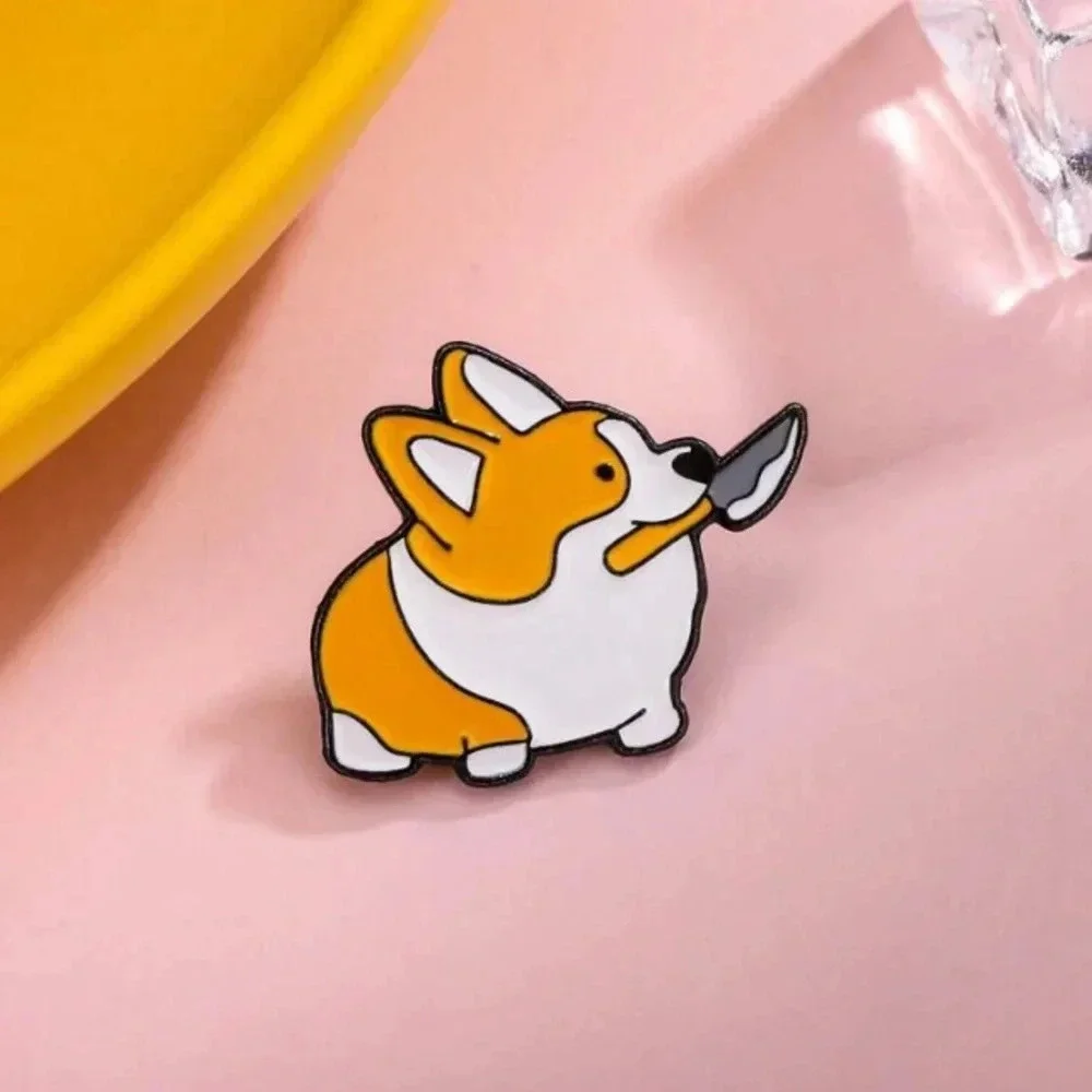 Halloween Brown white dog carrying knife enamel pin backpack clothing denim